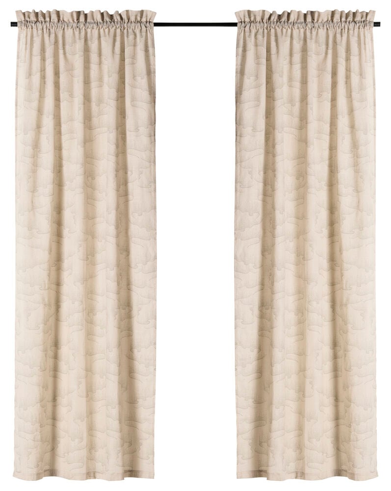 Två naturfärgade gardinlängder på stång.