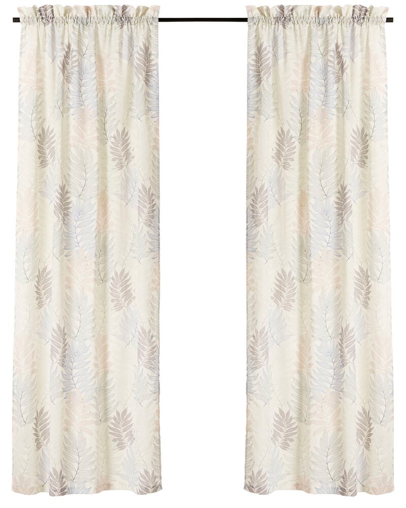 Zwei cremefarbene Vorhangpaneele mit sommerlichem Blumenmuster.