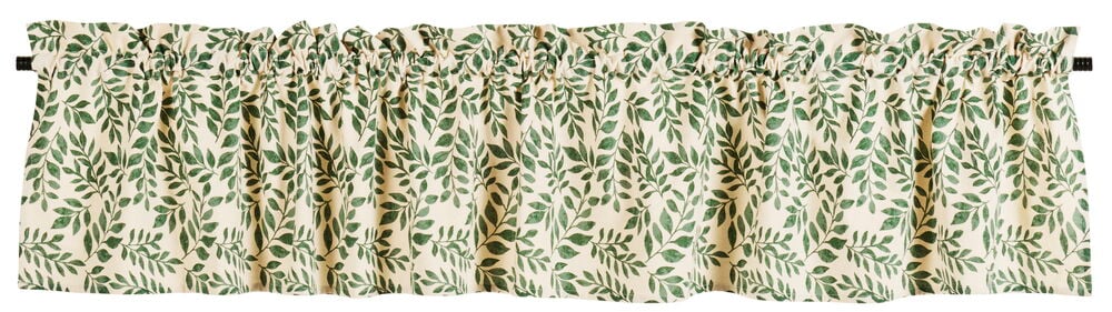 Vaaleanvihreä verhokappa lehtikuviolla puuvillakankaasta.