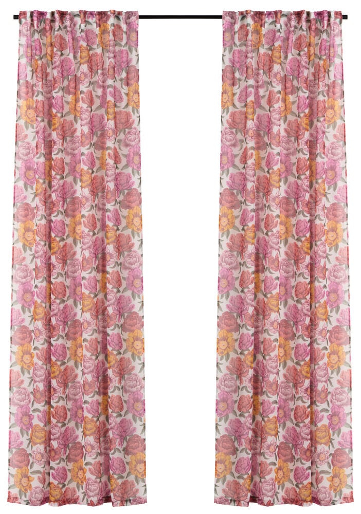 Zwei florale Vorhänge aus weißem Polyester mit rosa, orangefarbenen und gelben Blumen, hängen an einer Stange.