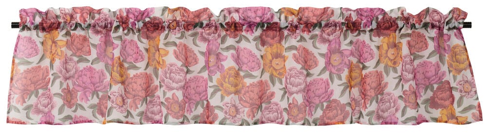 Gardinkappe Noomi 250x45 cm Hvit Polyester med rosa, oransje og gule blomster, rynket og hengende på en svart stang.