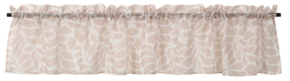 Beige polyesteri Kappa Filippa, 250x45 cm, valkoinen lehtikuvio, rypytetty ja tangolla.