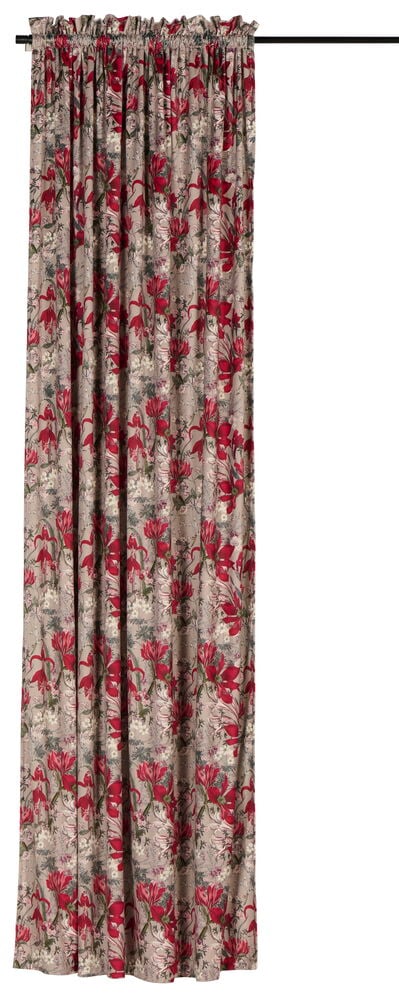 Natur Polyesterfløyel, beige med rødt og grønt blomstermønster, hengende med rynket topp.