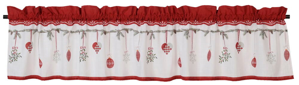 Weiß Baumwoll Weihnachtsvorhang mit rotem Oberteil und gemustert mit Misteln, Ornamenten und Tannengirlanden.