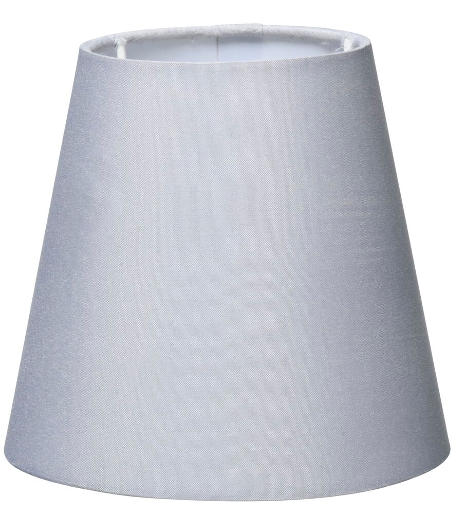 Grå tyg lampskärm med konisk form.