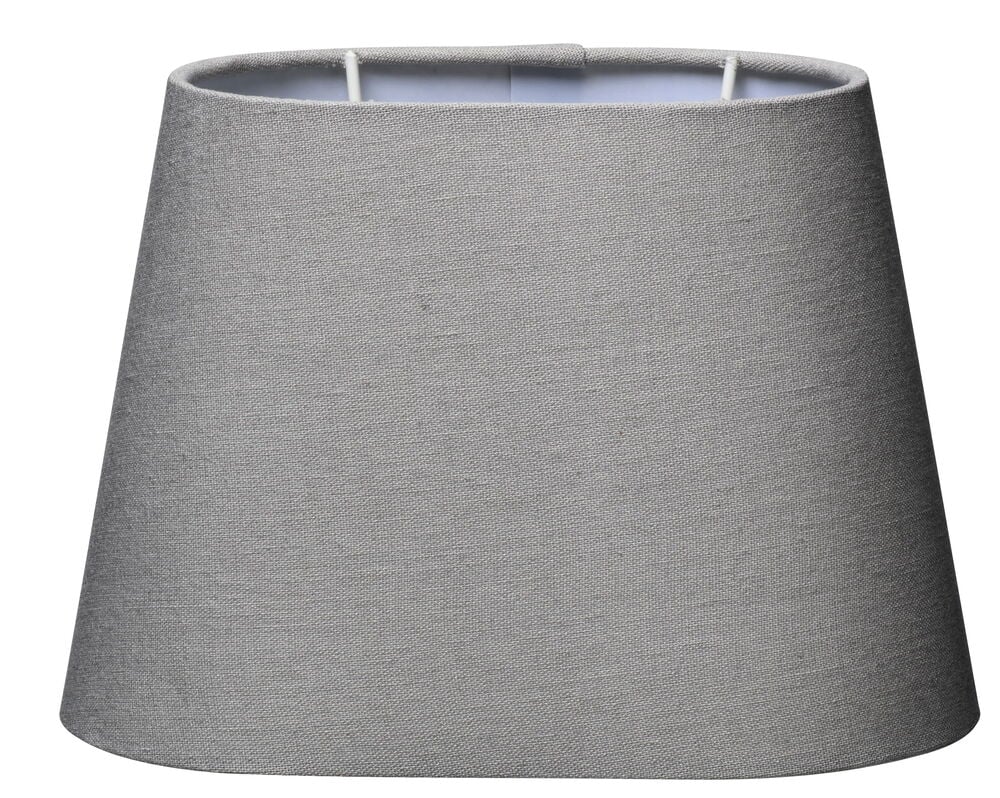 Grå lampskärm i tyg med linnestruktur.