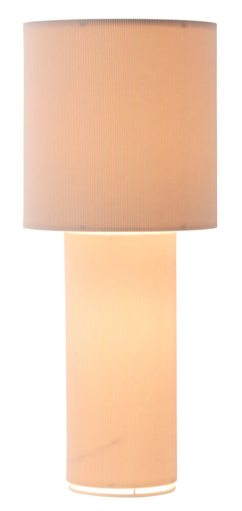 En 37x89 cm off-white riflet lampe med stor sylindrisk skjerm og mindre sylindrisk base.