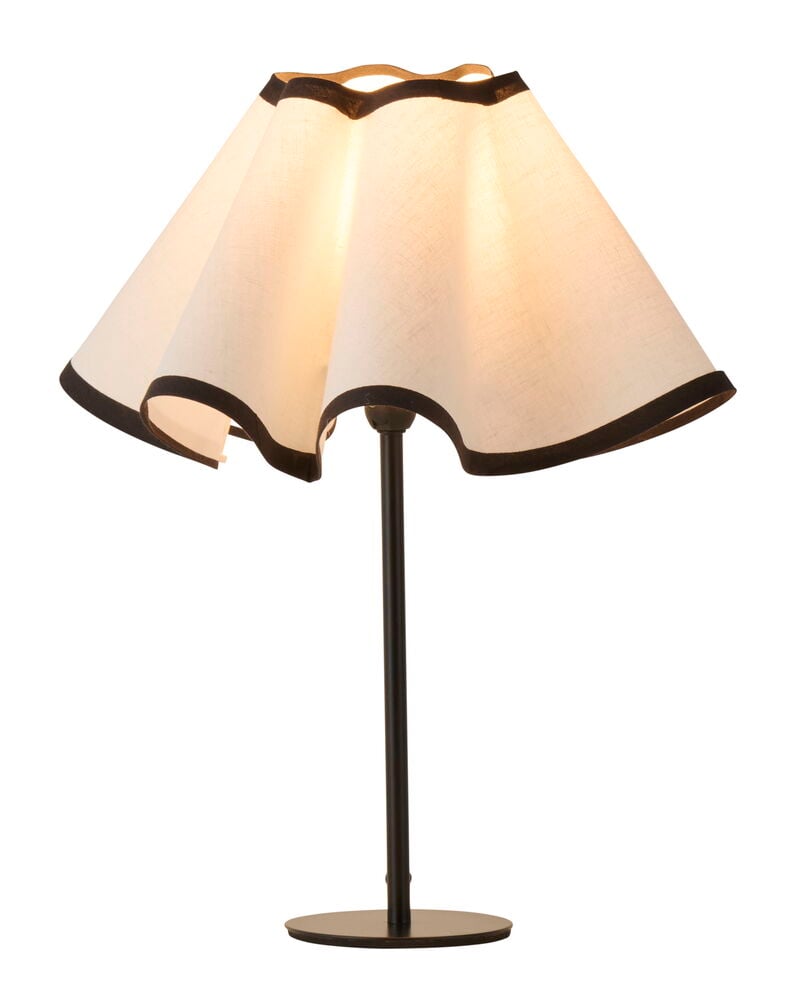 Eine beleuchtete Lampe mit plissiertem weißem Stofflampenschirm, schwarzem Rand und dunklem Metallsockel, 35x19 cm.
