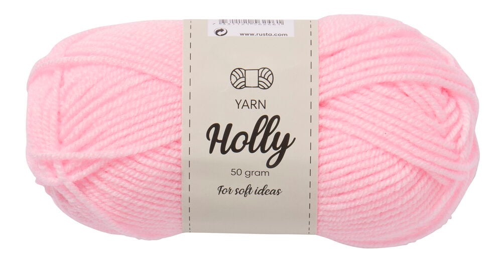 Knäuel mit weichem rosa Garn und Produktetikett.