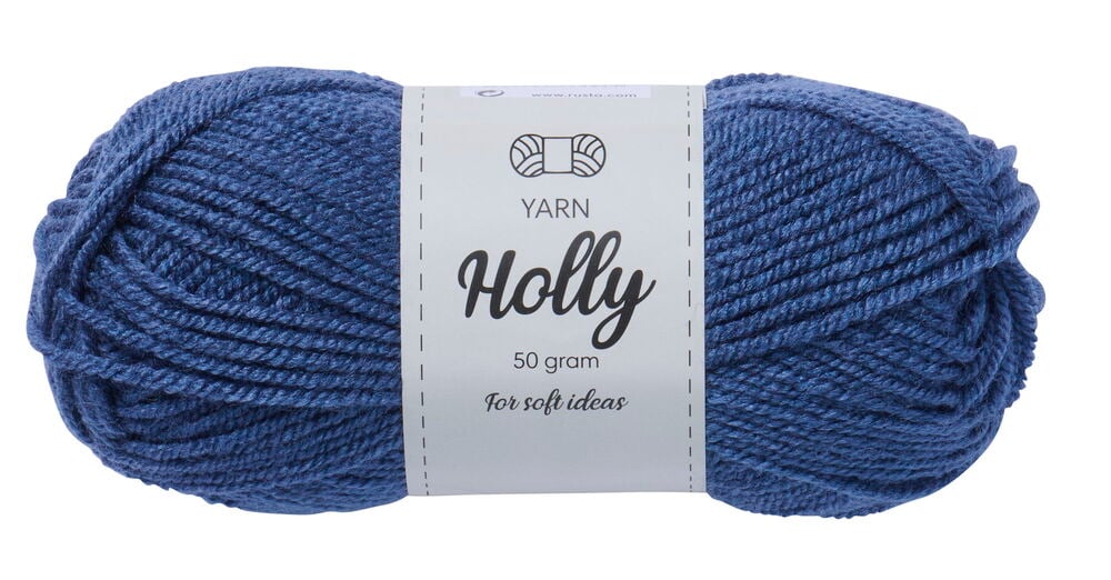 Ein blaues Knäuel weiche Wolle mit Etikett.