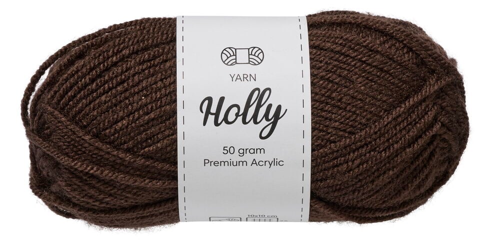 Ein fest gewickeltes Knäuel brauner Wolle Holly 50 g Premium Acryl.