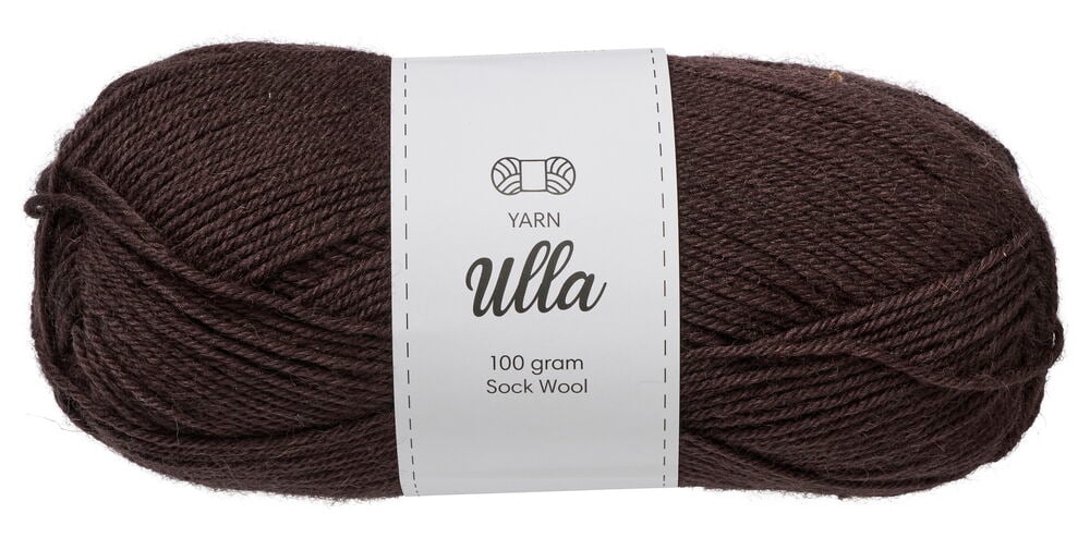 Ein braunes Ulla 100g Sockengarn-Knäuel ist mit einem weißen Etikett abgebildet.