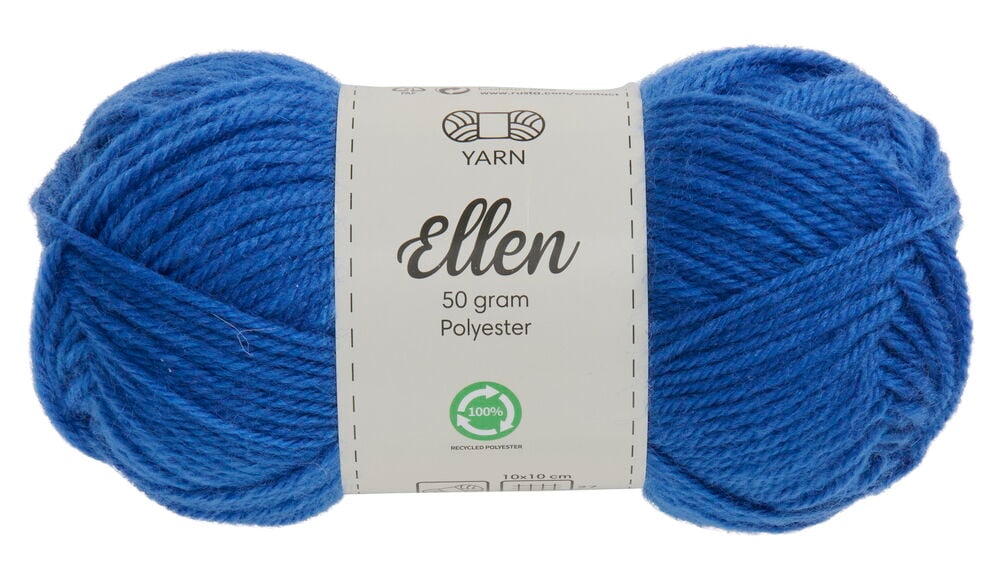 Knäuel blaues Garn mit weißem Etikett.