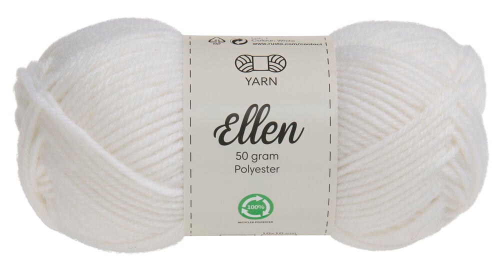 Ein weißes Wollknäuel mit Ellen-Etikett.