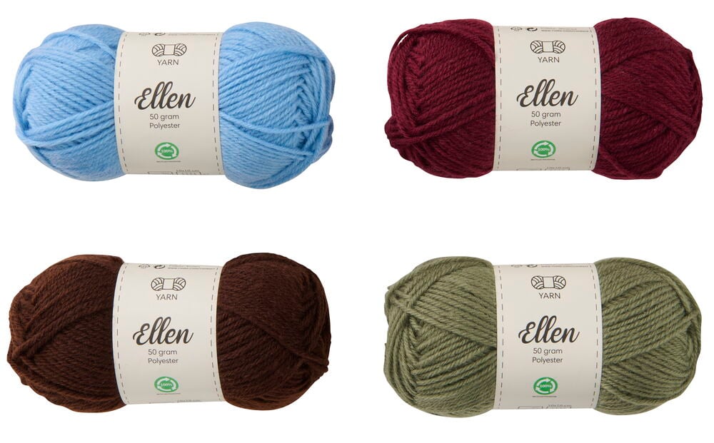 Fire Ellen 50 gram Polyester garnnøster i lyseblått, burgunder, mørkebrunt og olivengrønt.