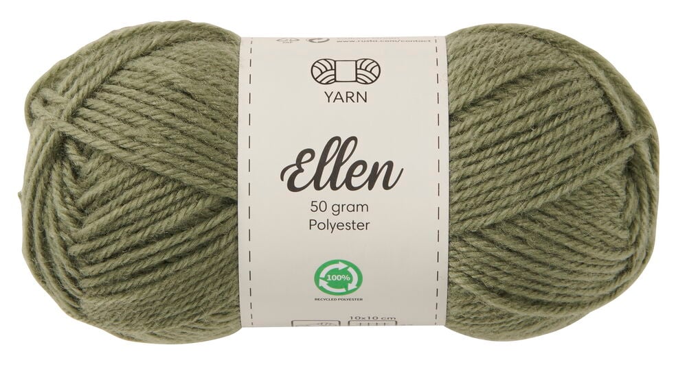 Et olivengrønt Garn Ellen 50 g polyestergarnnøste vises med en hvit etikett.