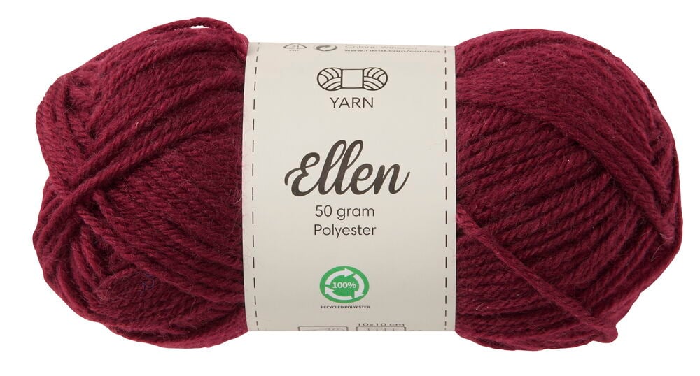 Garn Ellen 50 g i solid burgunderrød polyester.