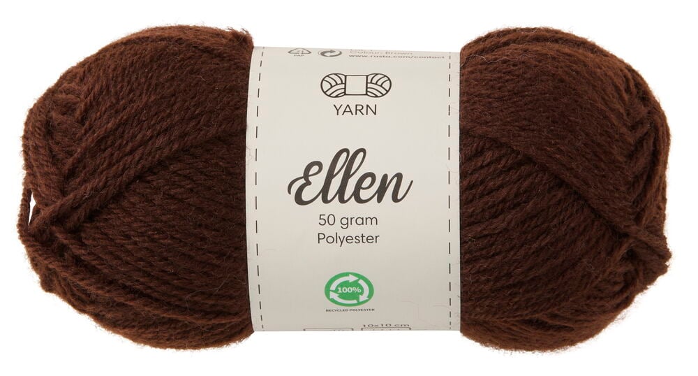 Brunt Garn Ellen 50 gram 100% resirkulert polyester med en hvit papiretikett.