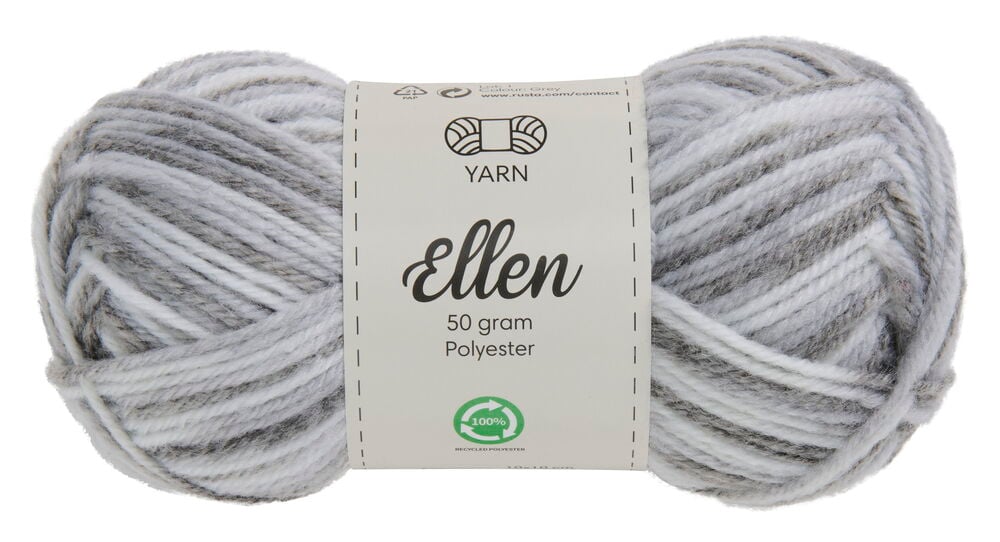 Knäuel mit grauweißem Mischgarn und Papieretikett.