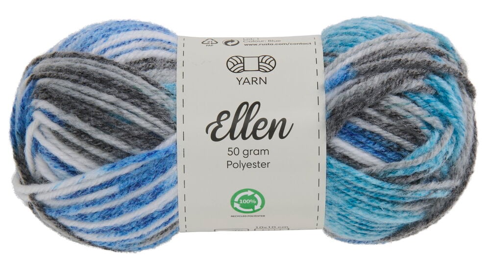 Garnknäuel in Blau-, Grau- und Weißtönen.