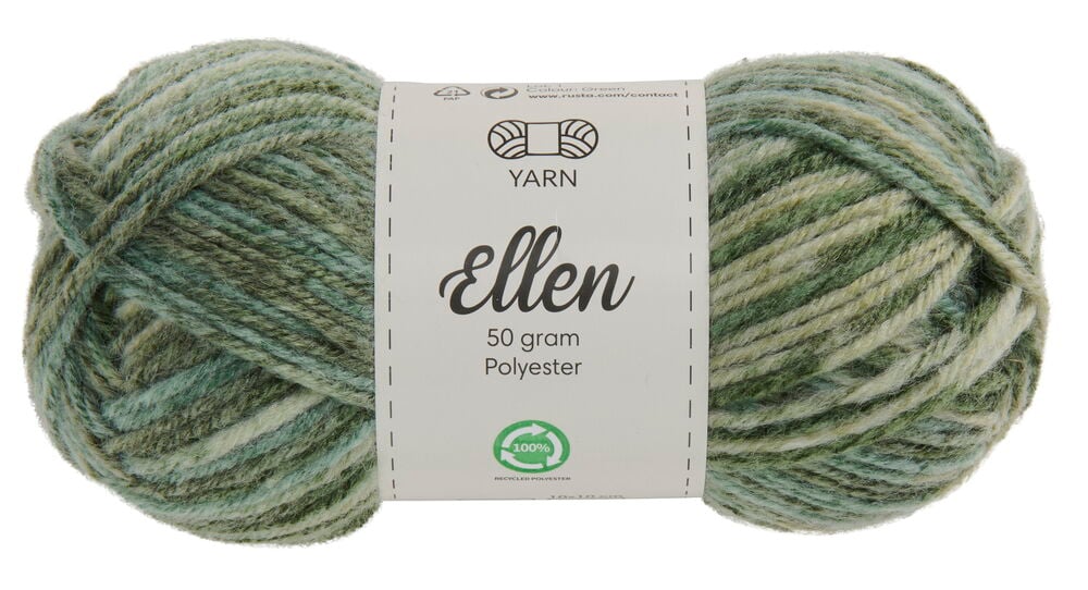 Knäuel mit gemischten grünen und beigen Garnfarben.