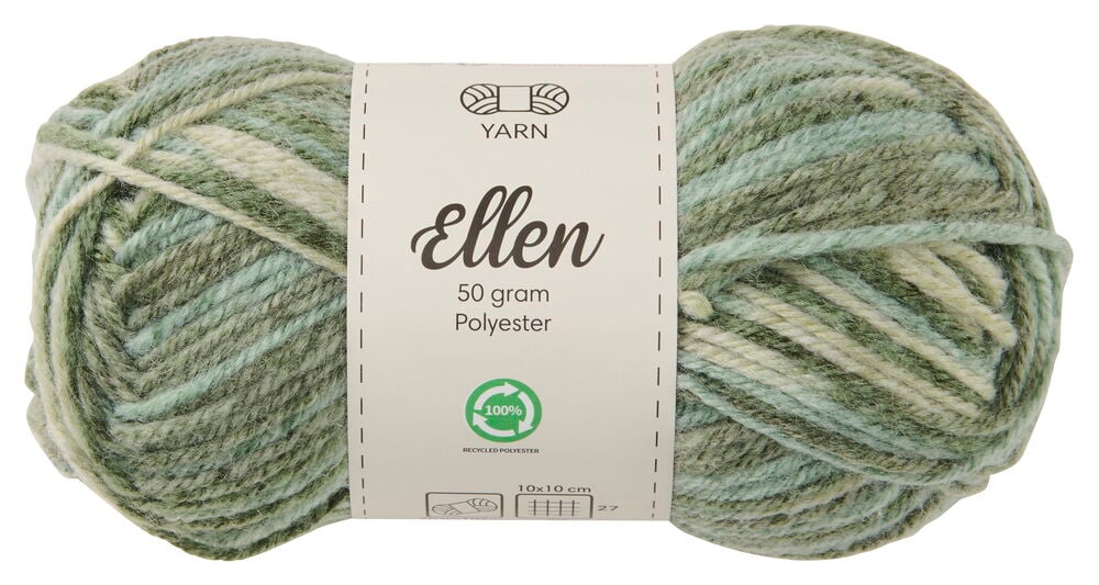 Ellen garn, 50 gram polyester i blandede grønne og eggehvite farger, med en hvit produktetikett.