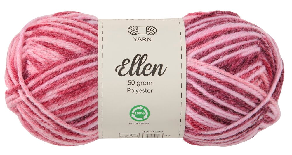 Et nøste Garn Ellen 50 g polyester med blandede rosa og røde striper.