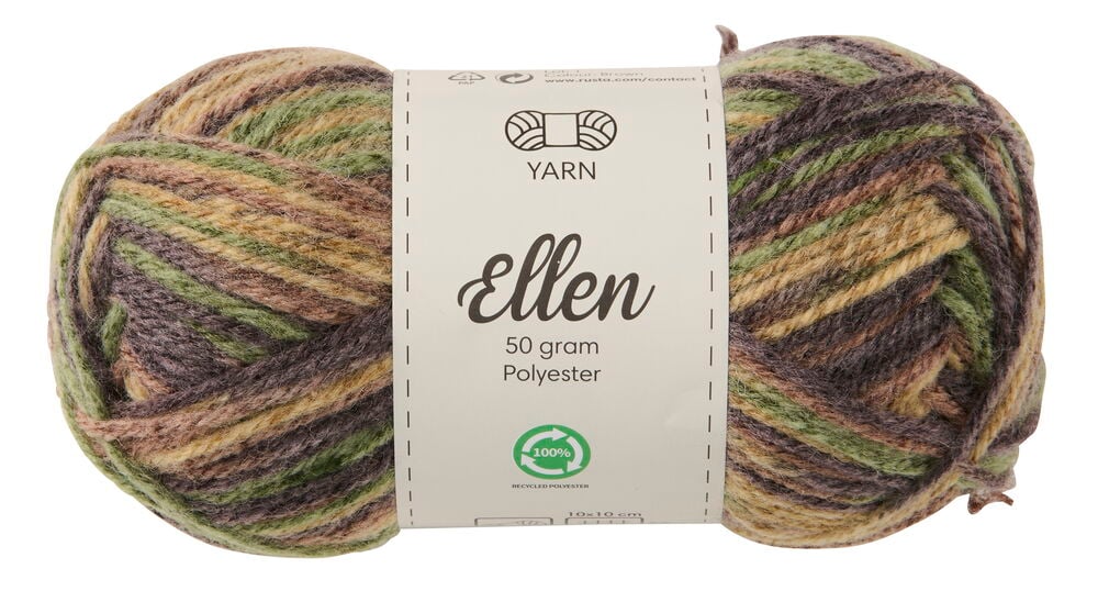 Et nøste Garn Ellen 50g Blandede farger Space, melert i nyanser av grønt, brunt, beige og lilla.