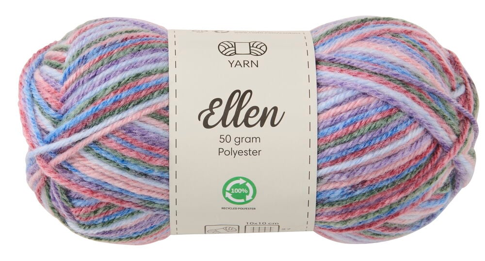 Garn Ellen 50 g Blandede farger Space, et nøste flerfarget polyestergarn.