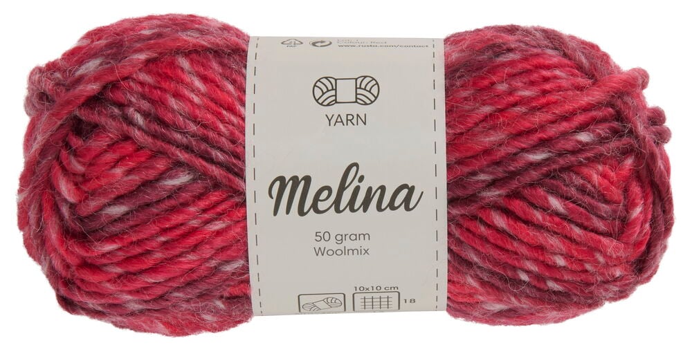 Knäuel Wollgarn in gemischten roten und grauen Nuancen.