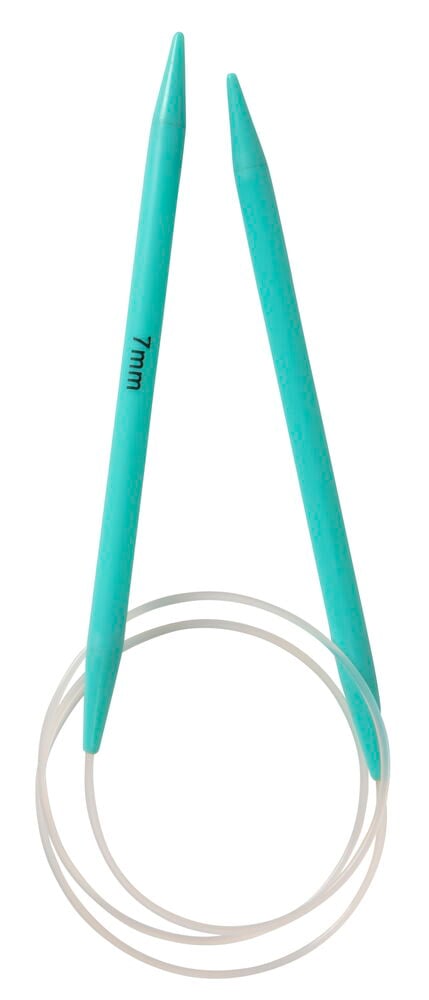 Turkosa rundstickor med plastvajer och mått 7mm.