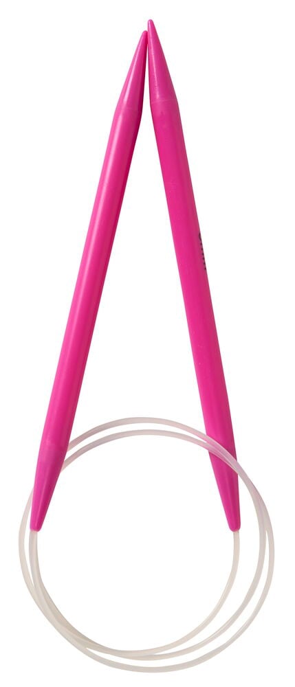 Rosa rundstickor i plast med genomskinlig kabel.