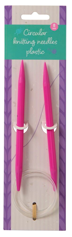 Två rosa rundstickor i plastförpackning.