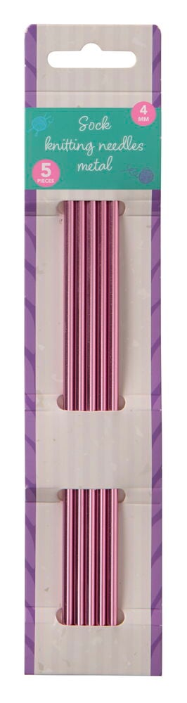 Fem rosa sockstickor av metall i förpackning.