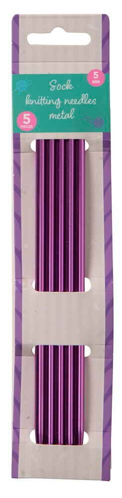 Fem lila stickor i förpackning med etikett.