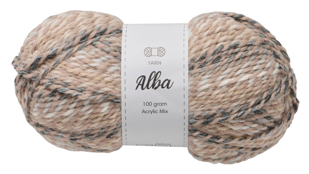 En nystan Garn Alba 100g Beige akrylblandning med vita och mörkgrå fläckar.