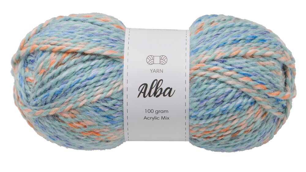 Garn Alba 100 g Blå akrylblandning i ett flerfärgat nystan med blåa, turkosa, orange och lila prickar.