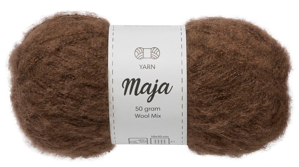 Ruskea pörröinen Lanka Maja 50 g Wool Mix valkoisella etiketillä.