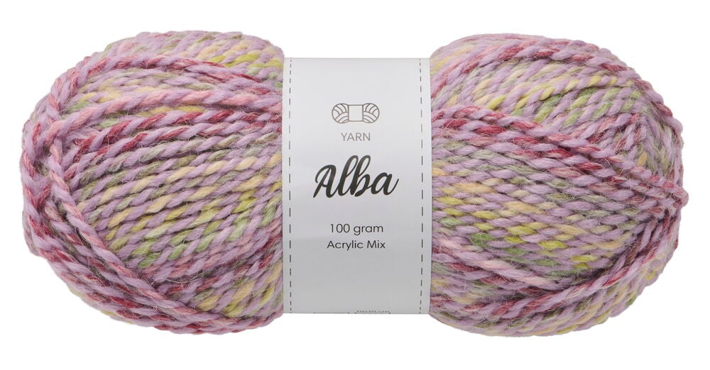 Garn Alba 100 g Lilac, ett melerat akrylblandningsgarnnystan med inslag av gult, grönt, rosa och rött.