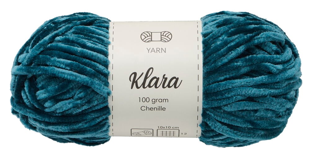 Petrol Klara 100 gram Chenille-Garnknäuel, Vorderansicht.