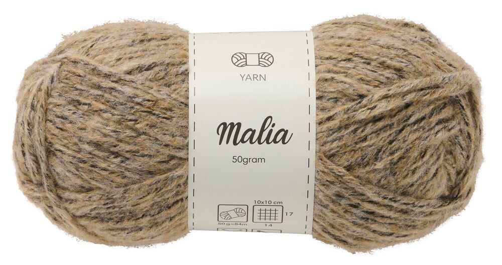 Wolle Malina 50 g Verschiedene Farben, ein beige und braun gesprenkeltes Knäuel mit weißem Etikett.