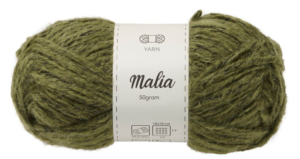 Grüner Malia 50 Gramm Wollknäuel mit einem weißen Etikett.