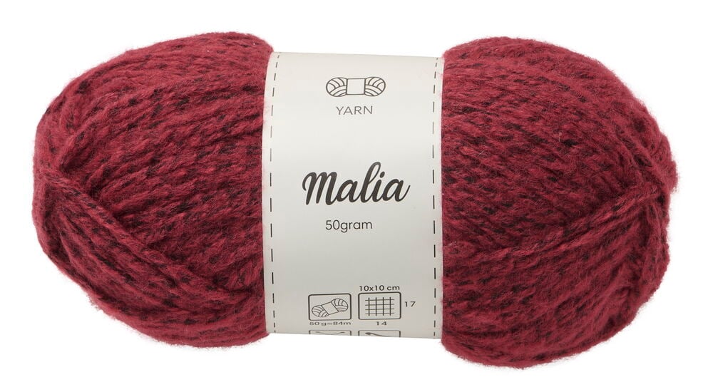 Ein Knäuel Malina Wolle, 50g, in verschiedenen Rot-Schwarz-Farben.