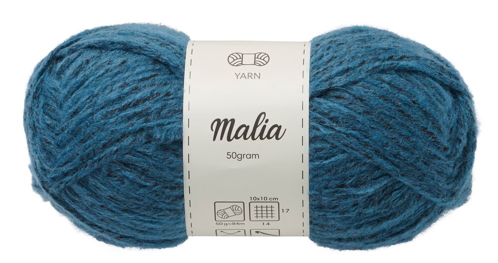 Malina 50g Verschiedene Farben Wollknäuel in Tiefblau mit einem weißen Produktetikett.