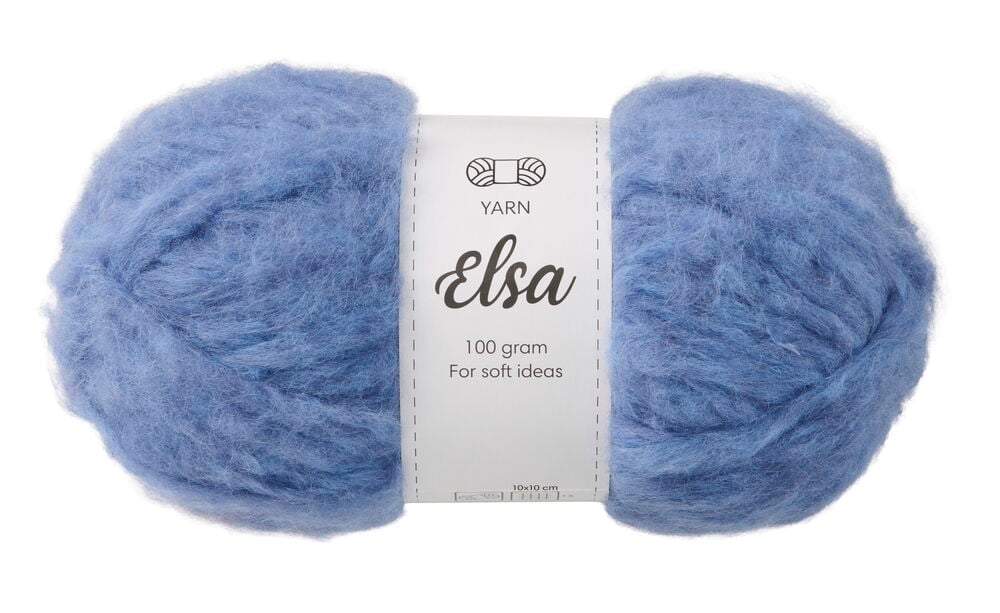 Blauer flauschiger Garnknäuel mit weißem Etikett.