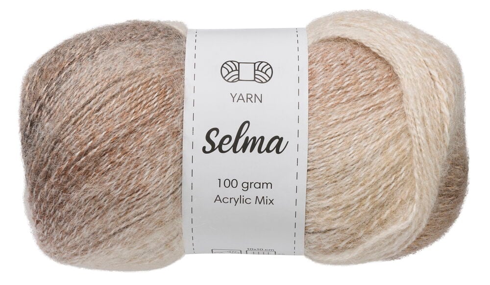 Wolle Selma 100 g, ein beige-braunes Acrylmischgarn mit Farbverlauf und weißem Etikett.