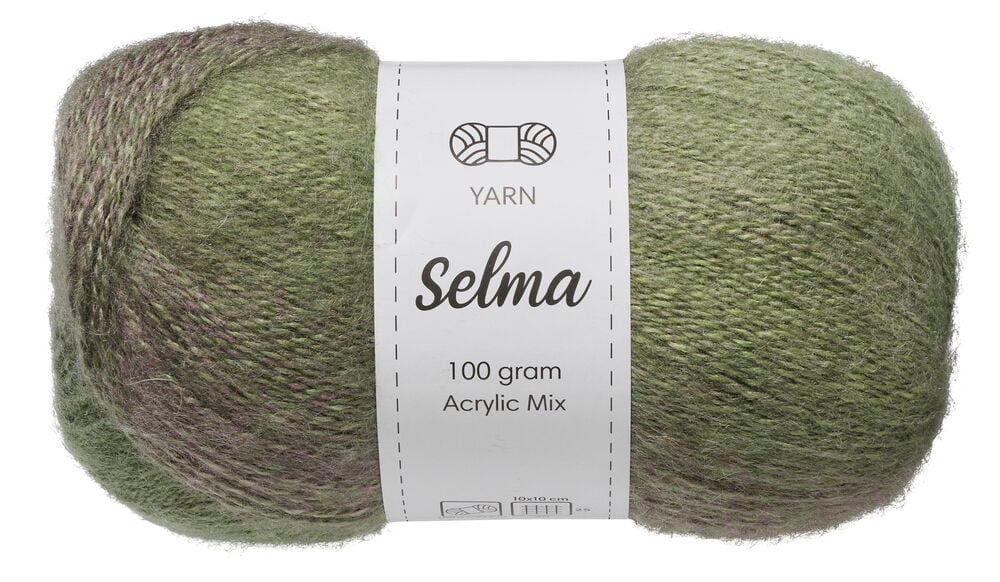 Grünes meliertes Wolle Selma 100 g Acrylmischgarn mit weißem Etikett.