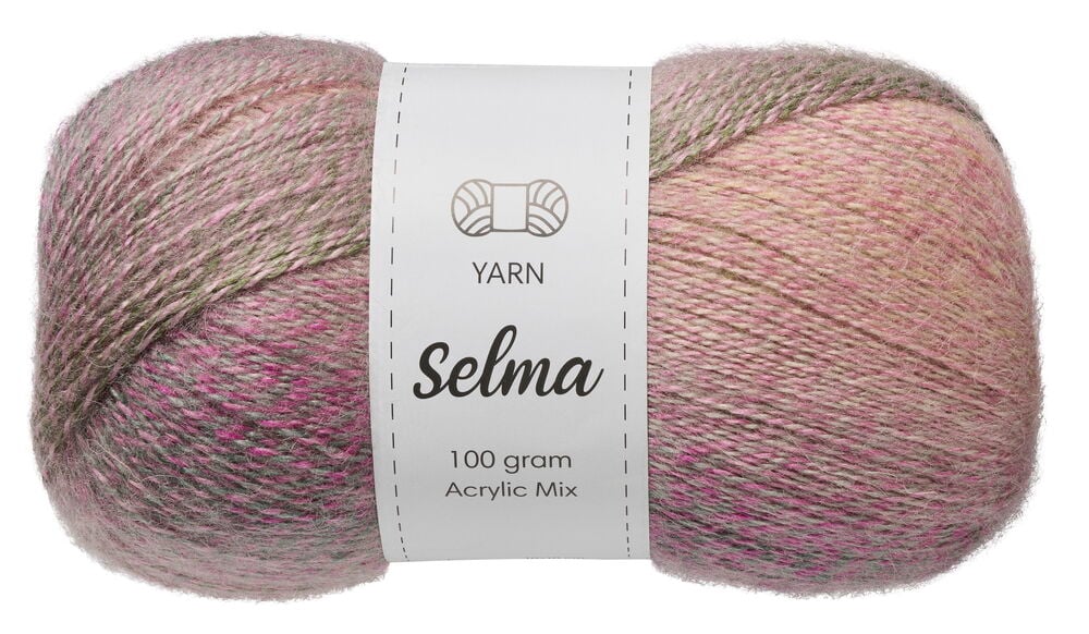 Wolle Selma 100 g, ein mehrfarbiges Knäuel aus rosa, grauem und grünem Acryl-Mix.