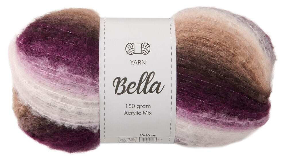 Mehrfarbiges Bella Acryl-Garnknäuel mit braunem, lila- und weißem Farbverlauf, mit subtilen Metallfäden.