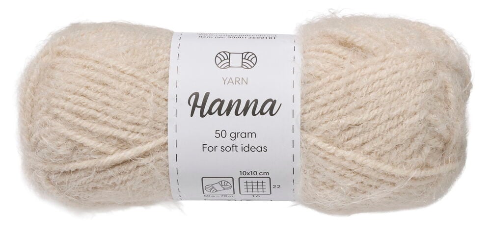 Yksi beige Lanka Hanna 50 g lankakerä näkyvällä tuotetarralla.